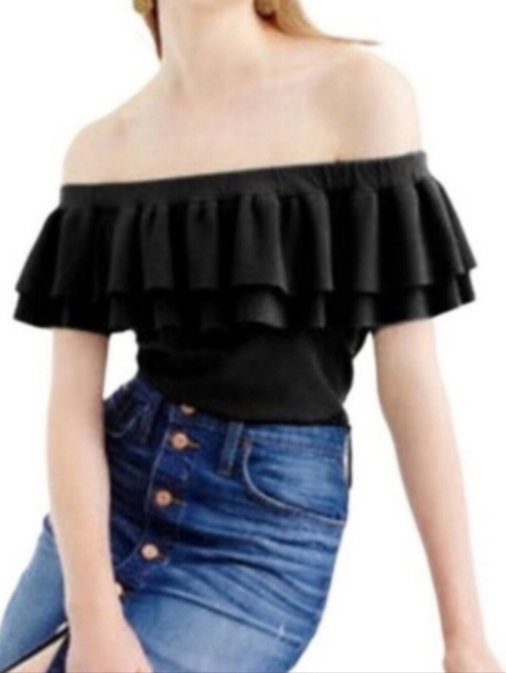 J.Crew Black Off Shoulder Ruffle Top Flamenco Sexy Chic Size Small